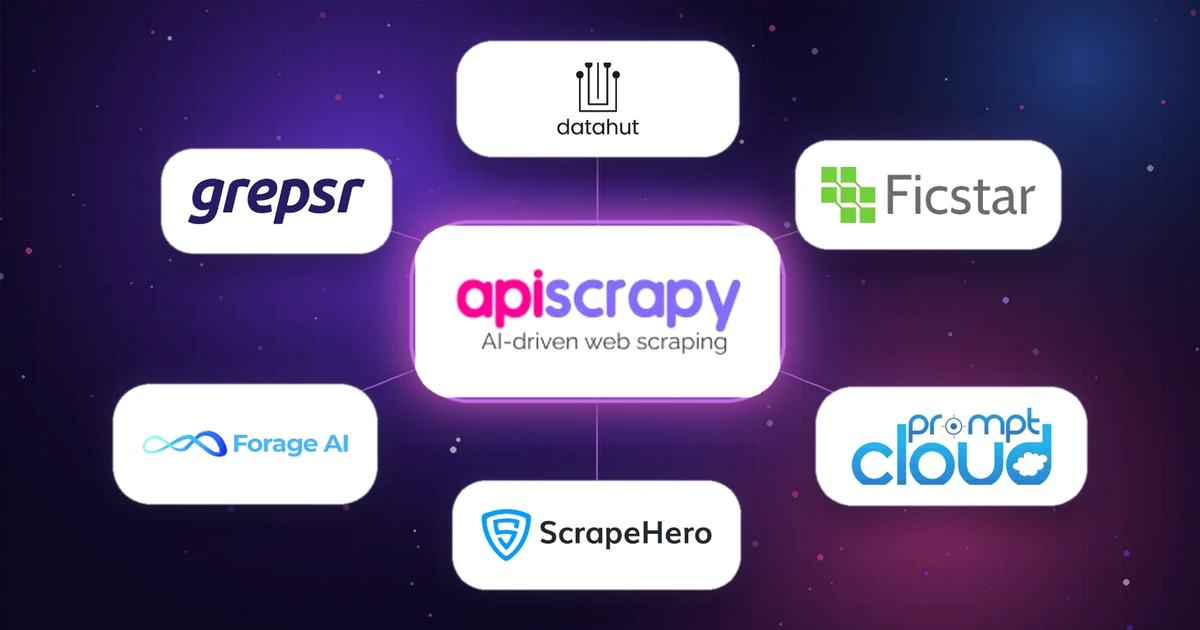 APIScrapy logo linked to Grepsr, Datahut, Ficstar, Forage AI, ScrapeHero, and PromptCloud logos.