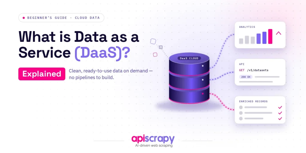 Beginner’s guide cover on Data as a Service, with a DaaS cloud database feeding analytics, an API, and enriched records.